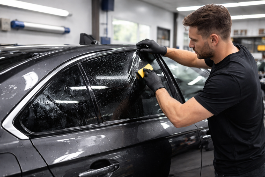 Window tint installer installing window tint