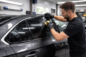 Window tint installer installing window tint
